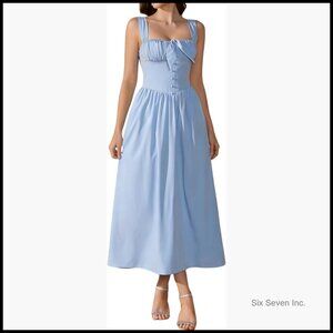 Polyester Summer Corset Midi Dress Square Neck A-Line with Pockets